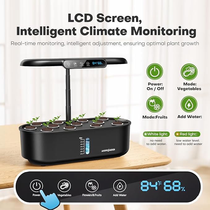 Ahopegarden Hydroponics Growing System kit: Indoor Herb Garden - 12 Pods Plant Germination Kit with LCD Display and LED Grow Light Smart Temp &amp Humidity Detection Planter Grower for Fresh Vegeta