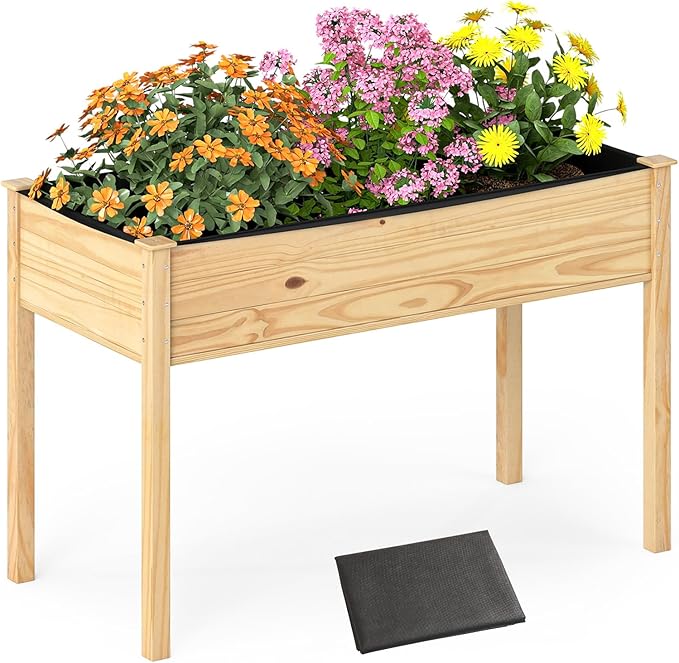 Raised Garden Bed 47 x 22.5 x 30 Elevated Planter Box w/Legs &amp Drainage Hole Wooden Planter Raised Bed for Vegetables Flowers Herbs Perfect for Outdoor Gardening Backyard Lawn Natural