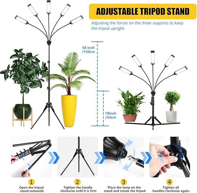 Grow Lights for Indoor Plants Aukphie Full Spectrum led Grow Light with Stand Auto On/Off Timing 3/6/9/12/15/18H &amp 10 Brightness Levels (6 Light Heads)