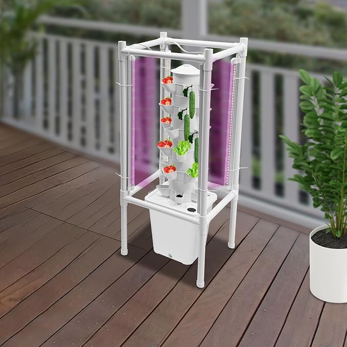 Hydroponic Growing System Kit 30-Plant Vertical Planter Germination Smart Herb Garden with LED Light Indoor/Outdoor for Strawberries Tomatoes Lettuce Herbs White