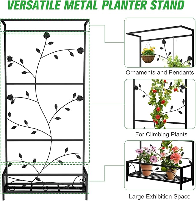Kinsuite Raised Garden Bed with Flower Stand - Metal Planters for Outdoor Plants Planter Box for Climbing Plants Vegetables Vertical Garden for Living Room Balcony Garden Decor Black