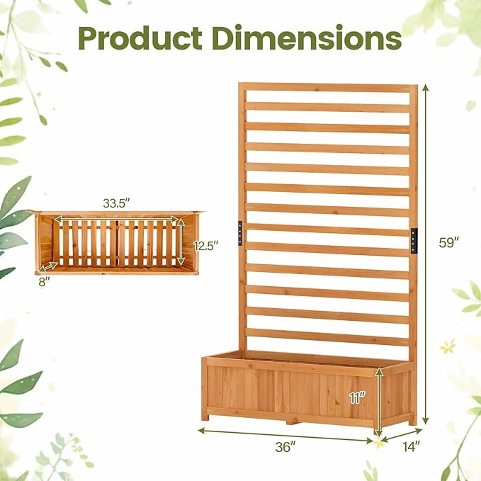 BECOMFORT 59”H Raised Garden Bed with Trellis Tall Fir Wood Planter Box with Liner &amp Drainage Gaps for Climbing Plants Vegetables &amp Flowers Outdoor Privacy Planters for Patio Balcony Yard