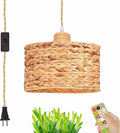 Full Spectrum Plug-in Lamp with Integrated Circulating Fan Timer Swag Hanging Boho Plant Growing Light by Remote Control Hemp Rope Cord Dimmable for Indoor Planting Portable 30W
