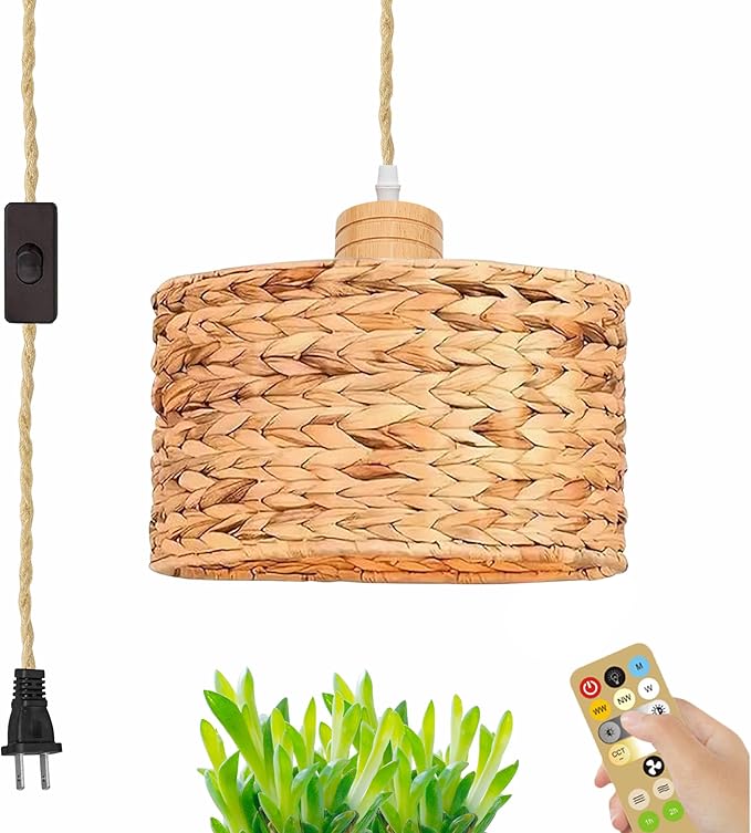 Full Spectrum Plug-in Lamp with Integrated Circulating Fan Timer Swag Hanging Boho Plant Growing Light by Remote Control Hemp Rope Cord Dimmable for Indoor Planting Portable 30W