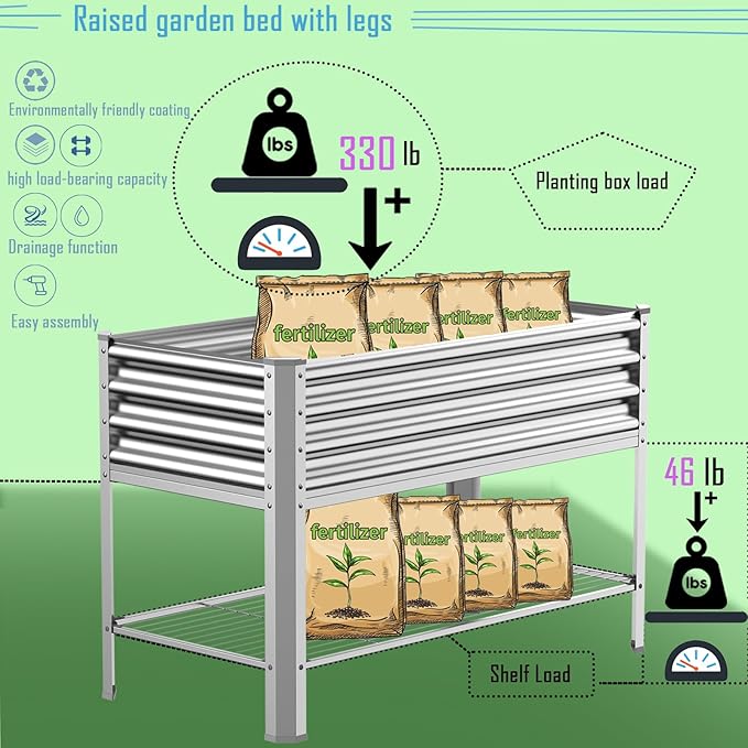 Raised Garden Bed with Legs Galvanized Raised Planter Box with Storage Shelf and Drainage Holes 48×24×32 Inch Large Metal Garden Bed Kit for Balcony Backyard Patio Lasts for Years of Use.