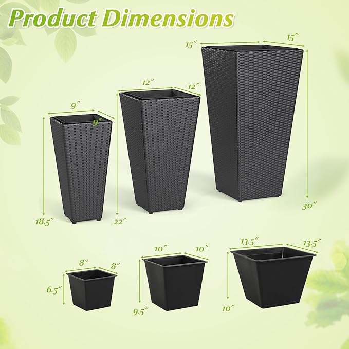 Giantex 3 Pack Tall Planters 30-22-18.5 H Tapered Rattan Planter with Detachable Inner Boxes Weather Resistant Indoor Outdoor Standing Wicker Flower Pots for Front Porch Patio Balcony (Black)