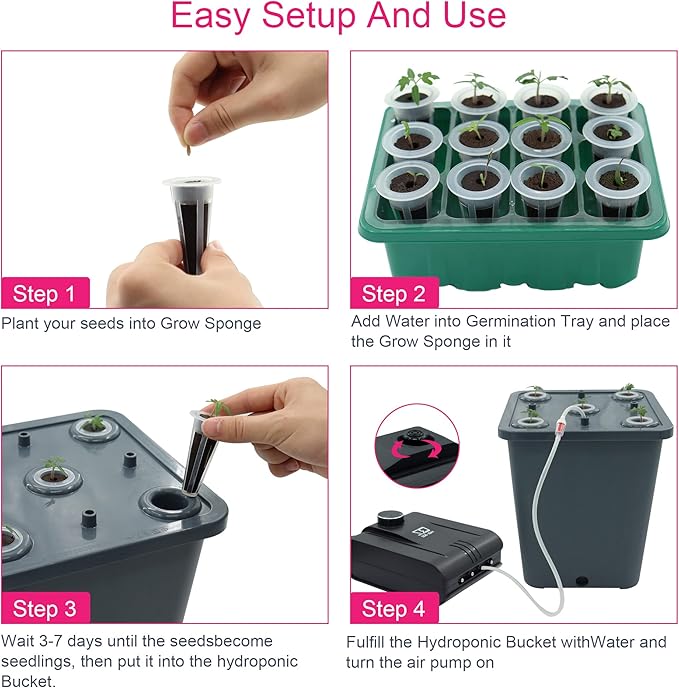 4 Hydroponic Buckets Kit for Plants Hydroponics Growing System for Herbs/Tomato/Vegetables DWC System with Air Pump &amp Germination Tray (Complete Indoor Hydroponic Gardening Supplies)