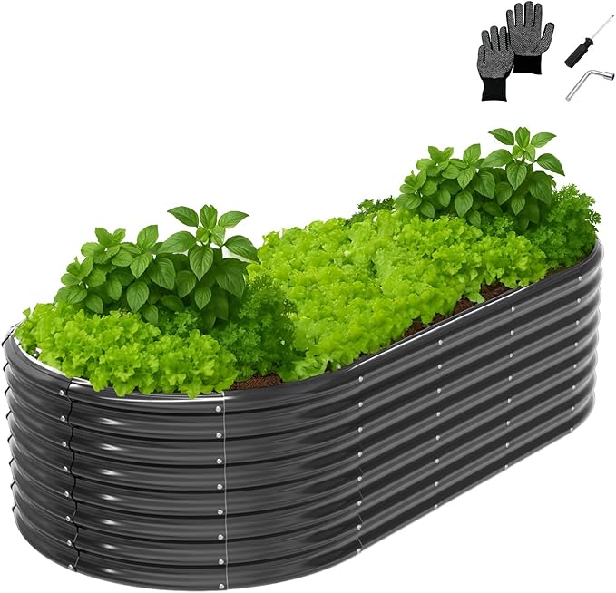 VINGLI 8x4x2ft Raised Garden Bed Oval Planter Boxes Outdoor Galvanized Raised Garden Beds for Gardening Easy Assembly Planter Boxes for Vegetables (Black)