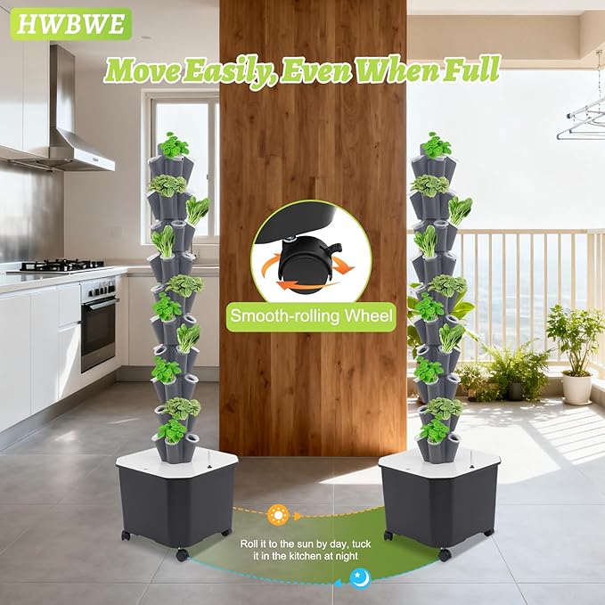 50 Pots Hydroponics Tower 8 Tiers Hydroponics Growing System Tower Vertical Tower Planter Pump Tower with Water Tank Irrigation Pump and Movable Water Tank for Hydroponic Gardening Lovers (Grey)