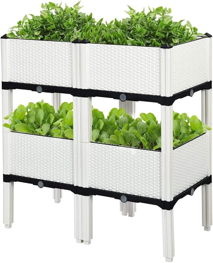GRAFFY Set of 4 Raised Garden Bed Kits Elevated Garden Beds with Self-Watering Design Raised Garden Boxes for Flowers Vegetables and Herbs Planting Box Container for Patio Yard Balcony (White)