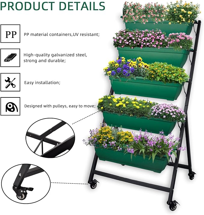 4FT Vertical Raised Garden Bed 5 Tier Planter Box with Wheels to Grow Flowers Vegetables Herbs on Your Patio Balcony Greenhouse for Outdoor and Indoor Gardening