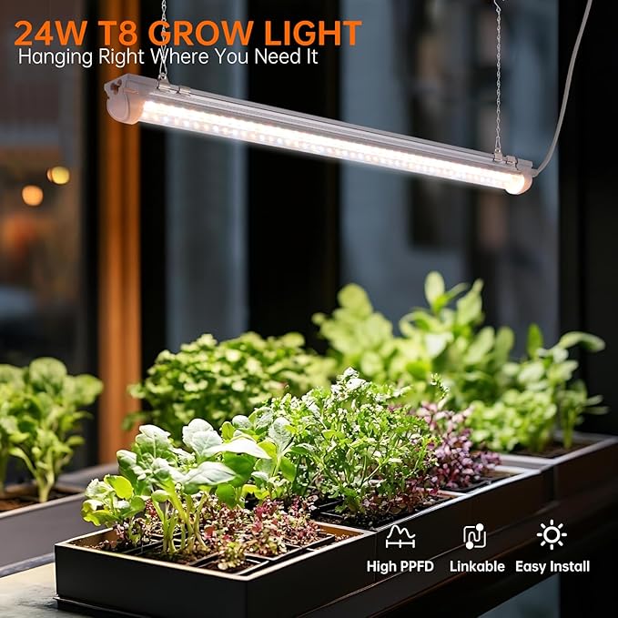 Bstrip Grow Light 2FT 144W (6 x 24W) Plant Light Full Spectrum with 660nm Red LEDs 3686K T8 Grow Lights for Indoor Plants Greenhouse Seeding Linkable Design with On/Off Switch 6-Pack