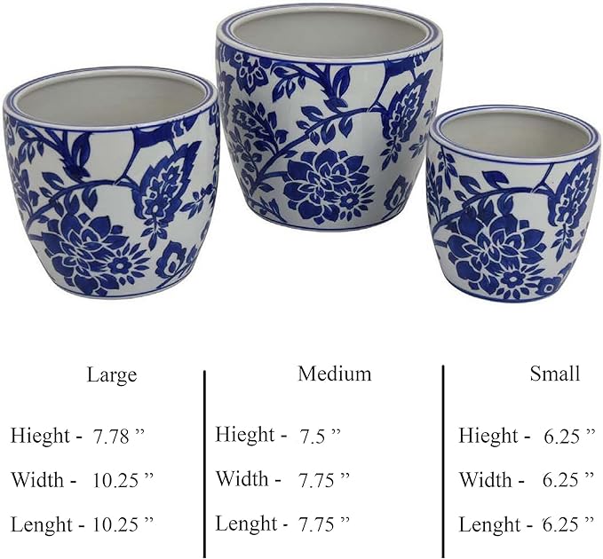 Garden Planter Set of 3 Ceramic Japanese White Blue Floral Pattern
