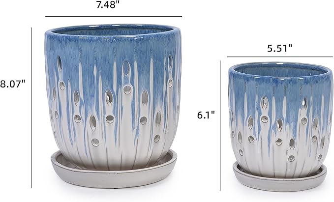 Handmade Blue White Gradient Ceramic Planter Set (7.48×8.07 5.51×6.1) IndoorOutdoor Flower Pot for Orchids Succulents on Windowsill Breathable with Drainage Holes