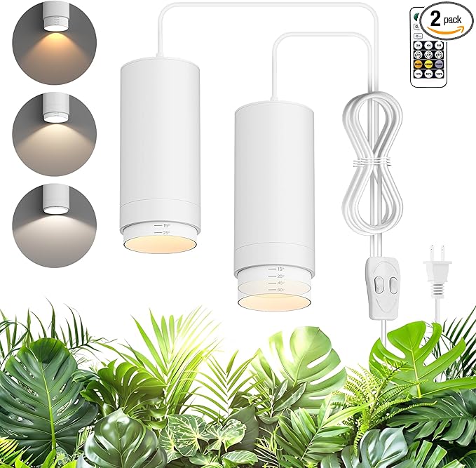 Zoomable Remote Pendant Grow Lights with Auto On/Off Timer 2X 30W Full Spectrum LED Plant Light 2700K-6000K Dimmable Plug in Hanging Lights for Indoor Plants 20FT Power Cord White 2PCS