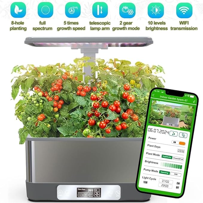 hydroponics Growing System 8 Holes Indoor herb Garden with app Control Vegetables Fruits Flowers Mode LED Customized Spectrum 30cm Height Adjustable Touch Screen Indoor Garden Black