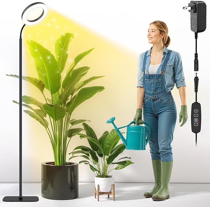 Grow Lights for Indoor PlantsFloor Lamp with 63IN StandFull Spectrum10 DimmingHalo Ring Warm Light 3/9/12H TimerHeight AdjustableMetal Stable Base Growing Light for Tall Small Plant