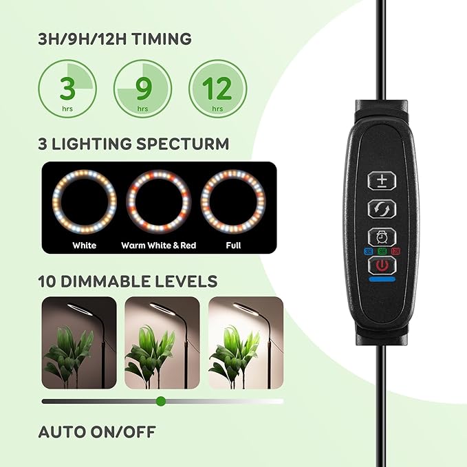 Dual Head Grow Light for Indoor Plants Full Spectrum Plant Light with 16.5-68 for Growing Large Tall Plants Equipment with 3/9/12-hour Automatic Timers 3 Light Modes 10 Dimmable Levels