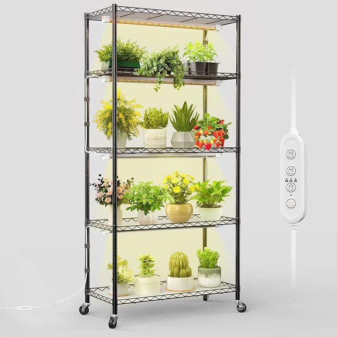 FREELICHT 5 Tier Plant Shelf with 4-Pack 2FT 30W LED Grow Lights with Timer+ 1 Pack 4FT 60W Grow Light Sunlike Full Spectrum Plant Light for Hydroponic Indoor Plant Seedling Veg and Flower
