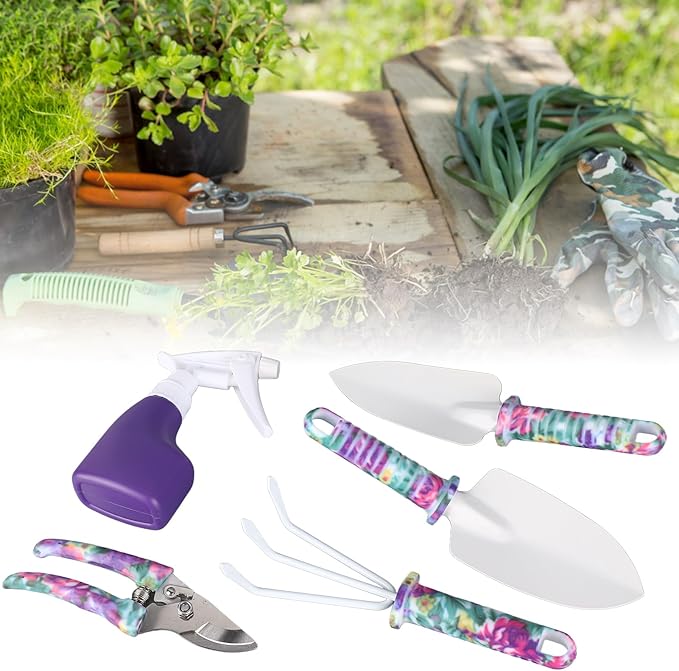 5 Piece Garden Tool Set Includes Cultivator Rake and Shovels Branch Scissors with Spray Can for Indoor and Outdoor Planting Purple Storage Container.