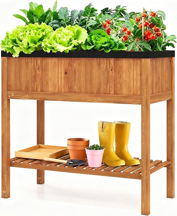 2-Tier Wooden Raised Garden Bed Elevated Planter Bed with Legs Liner &amp Storage Shelf for Vegetable Flower &amp Herb Outdoor Gardening Box for Backyard Patio Balcony 220 LBS Capacity