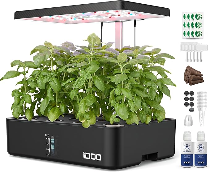 iDOO Hydroponics Growing System Kit 12Pods Indoor Herb Garden System with LED Grow Light Built-in Fan Auto-Timer Adjustable Height Up to 11.3 for Home School for Women Mom for Christmas Gifts