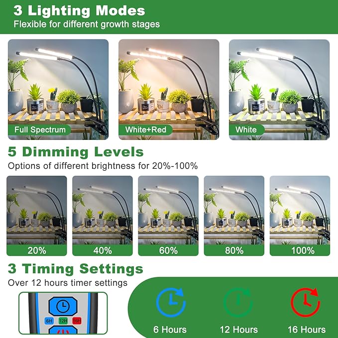 Wolezek Grow Lights for Indoor Plants 2 Pack 6000K LED White Plant Grow Lights Indoor Full Spectrum Grow Lamp with Clip Auto ON &amp Off Timer 6/12/16H 3 Modes 5-Level Dimmable Brightness