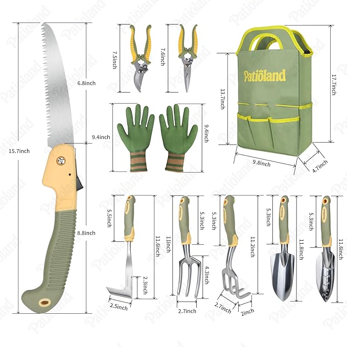 10-Piece Garden Tool Set Green Gardening Hand Tools Kit with Non-Slip Handles Heavy Duty Rust-Proof Aluminum Tools Organizer Tote Bag &amp Gardening Gloves Ideal Gardening Gifts for Men and Women