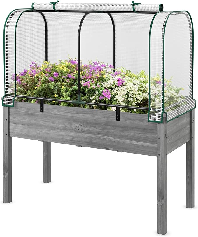 Happygrill Raised Garden Bed with Greenhouse Cover Raised Bed with Legs &amp Drainage Holes for Herbs Vegetables Outdoor Wood Elevated Planter Box for Patio Backyard Balcony (White+Grey)