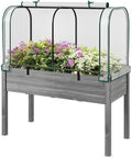 Happygrill Raised Garden Bed with Greenhouse Cover Raised Bed with Legs &amp Drainage Holes for Herbs Vegetables Outdoor Wood Elevated Planter Box for Patio Backyard Balcony (White+Grey)
