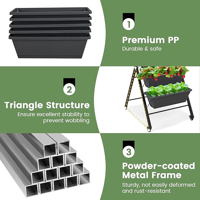 Giantex Set of 2 Vertical Raised Garden Bed on Wheels Elevated Planter Raised Beds with Water Drainage Freestanding 5 Container Boxes for Vegetables and Flowers Growing Outdoor Indoor Patio Balcony