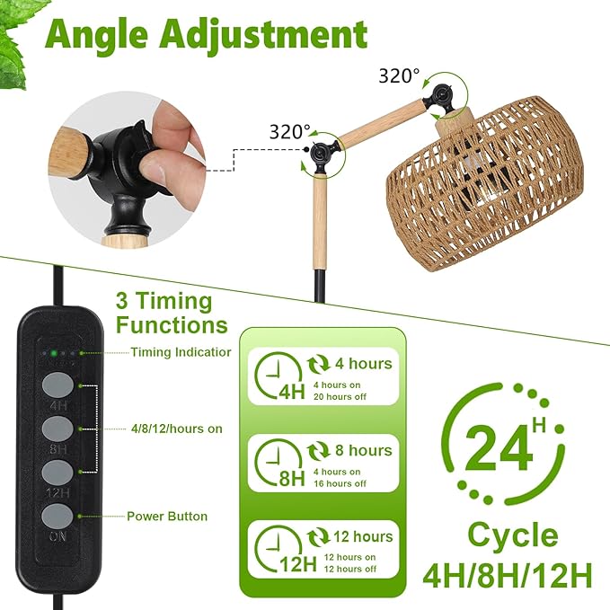 HMVPL Grow Lights for Indoor Plants Full Spectrum Plant Lights for Indoor Growing with 20W COB Grow Blub Rattan Shade Timer Standing Tall Grow Lamp for Middle Large Plants(75'' Height Adjustable)