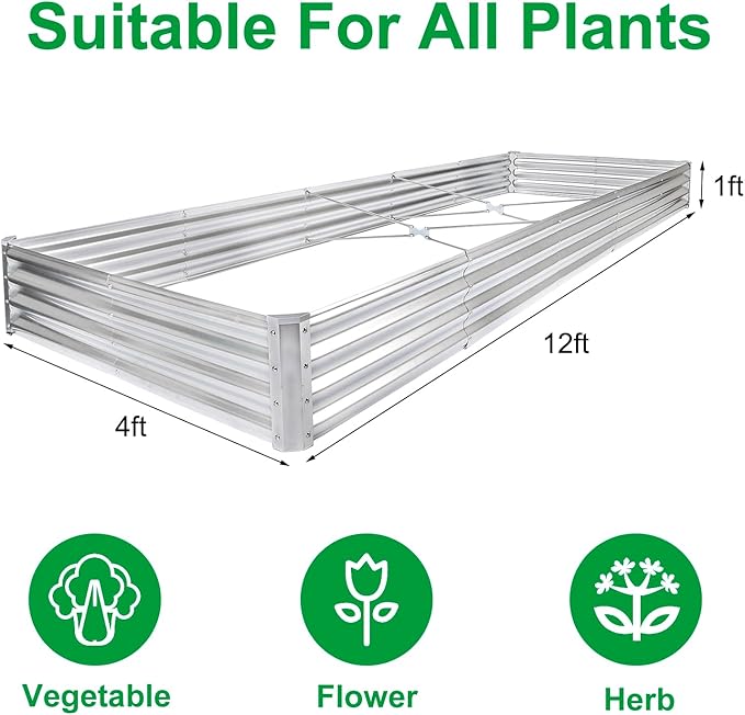 JERIA 12×4×1ft Raised Garden Bed with Support RodsGalvanized Raised Garden Bed Kit Outdoor Metal Gardening Planter Box for Vegetable Fruits Flower