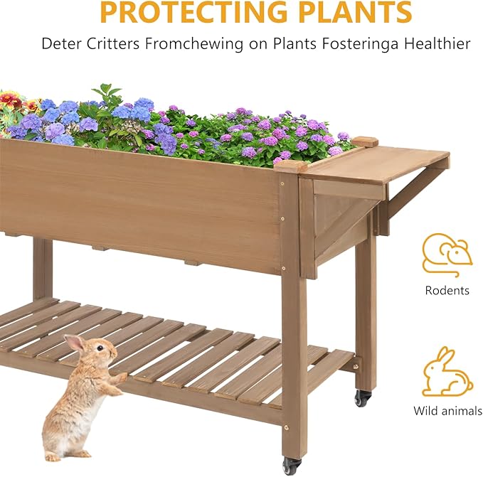 Raised Garden Bed with Legs &amp Wheels 55.5 x 24 x 32 Outdoor Planter Box with Storage Shelf &amp Hooks for Patio Backyard Balcony Gardening Mobile Planter for Vegetables Herbs Flowers (Brown)