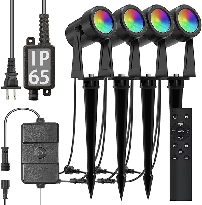 SUNTHIN 4 Pack RGB Color Changing Spot Uplights with Remote &amp 9.8FT T Shape Tee Extension Cord