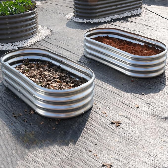 2Pack 4x2x1ft Galvanized Raised Garden Bed Kit Oval Metal Ground Planter Box Outdoor Bottomless Planter Raised Beds for Vegetables Flowers Herbs Fruits Silver