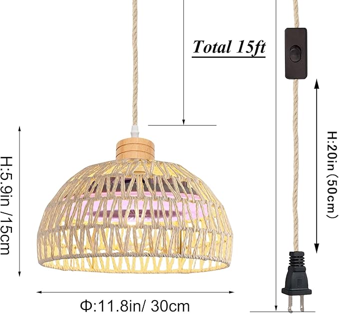 Swag Hanging Boho Plant Growing Light Full-Spectrum Fan Lamp Timer by Remote Control with Integrated Circulating Fan Plug-in Twine Braiding Cord Dimmable for Indoor Planting Portable 30W