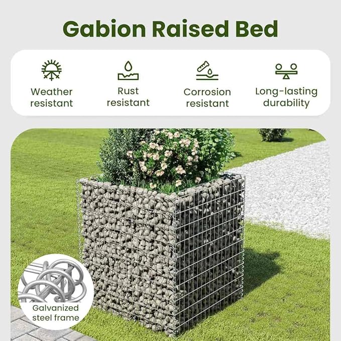 vidaXL Gabion Raised Bed in Galvanized Steel 35.4x35.4x39.4 – Proof Weather- High Load Capacity - Perfect Garden Patio Planter with Sturdy Grid - Silver
