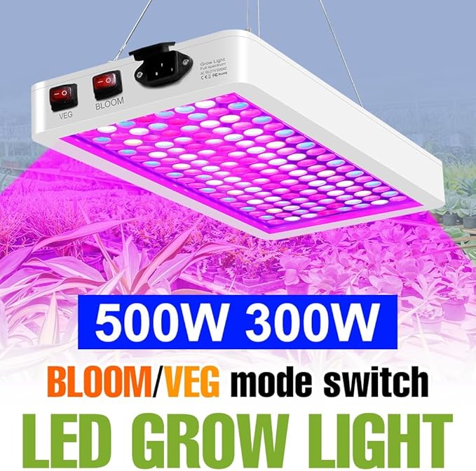 500W Green Gorw Light LED Full Spectrum Indoor Planting Lamps UV IR Plant Panel Lights Veg/Bloom 2Modes Dimmable AC100-277V Sunlight Fill Lighting Red Bule Greenhouse Tent Hydroponic with Hook US Plug