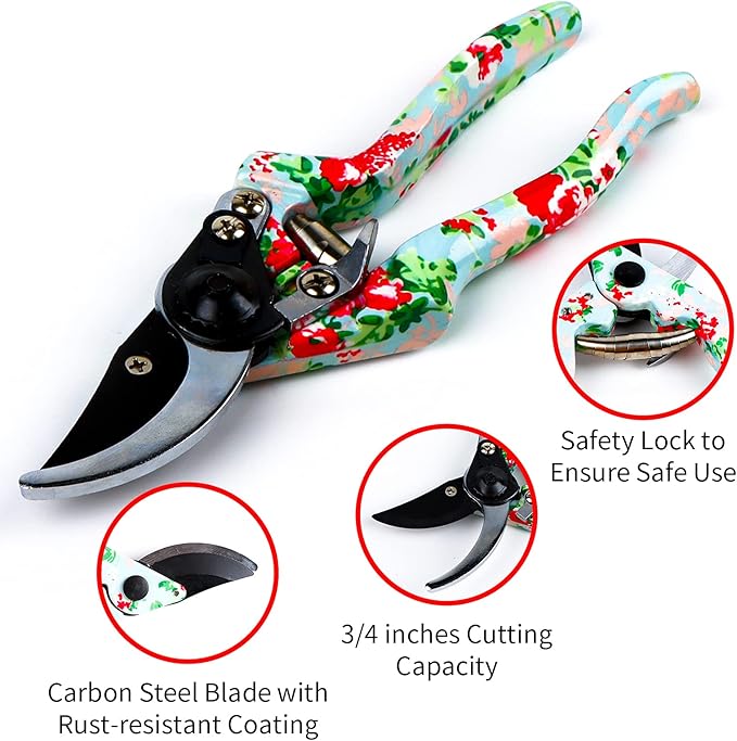JUMPHIGH Floral Garden Tools Set 11 PCS Heavy Duty Gardening Tools Includes Hand Trowel Rake Weeder Pruner Sprayer Gardening Gifts for Women Garden Kit with Storage Tote Bag and Garden Gloves
