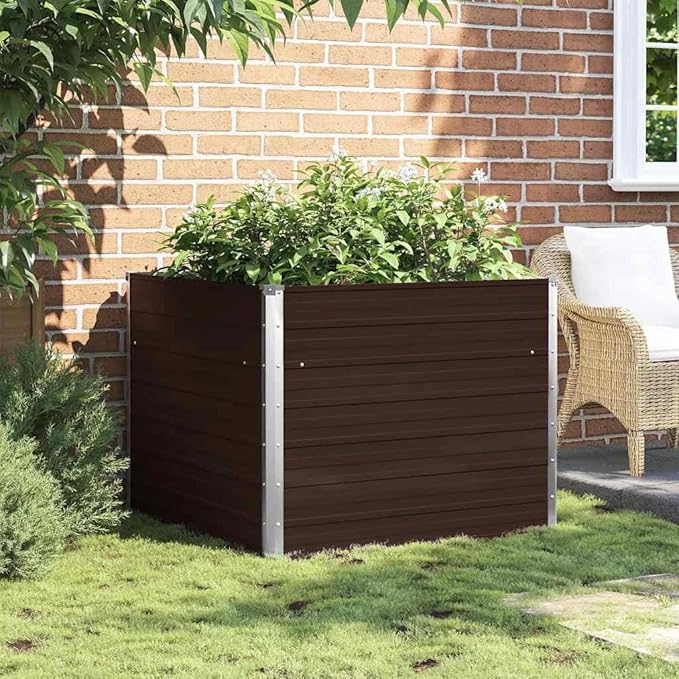 39.4x39.4x30.3 Brown Galvanized Steel Raised Garden Bed Square Raised Planter Box with Safety Edge Fold for Vegetables &amp Flowers Modern Garden Container for Patio &amp Backyard