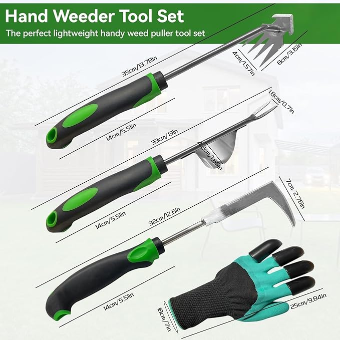 Stand Up Hand Weeding Tool Set Heavy Duty Stainless Steel Weed Puller for Lawn &amp Garden with 4-Claw Digger Crack Weeder and Ergonomic Rubber Handle Manual 3 Pieces