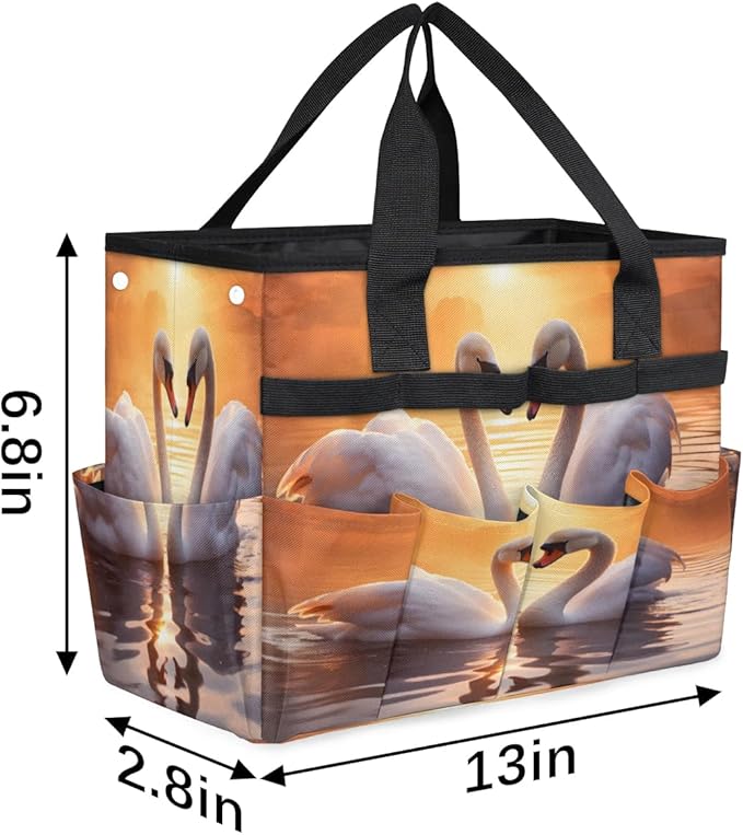 Sunset Beautiful Swans Garden Tool Bag Waterproof Garden Tool Storage Bag Heavy Duty Oxford Gardening Tool Bag with Handle &amp 10 Pockets for Men Women Outdoor Garden Lawn Yard
