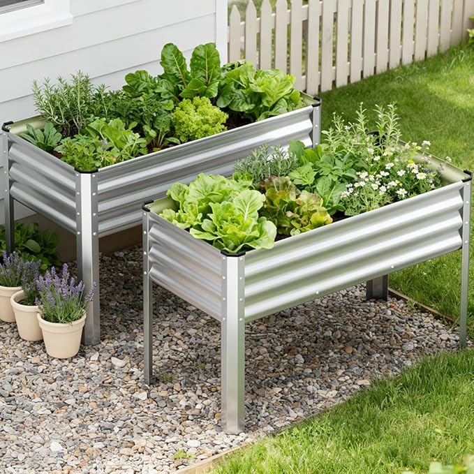 COMHOMA 2 Pack Raised Garden Bed with Legs 4x2x2.5ftLarge Elevated Galvanized Metal Planter Box with Drainage HolesOutdoor Growing Kit with Gloves Tools for Backyard Patio LawnSliver