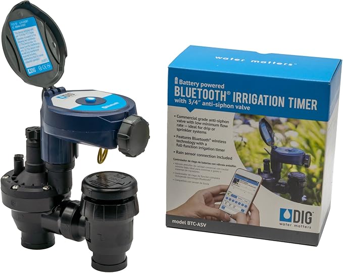 DIG BTC-ASV Bluetooth Battery Powered Weatherproof Wireless Irrigation Controller w/ Anti Siphon Valve - Smart Easy-to-Use Compatible with Residential Drip and Sprinkler Irrigation Systems