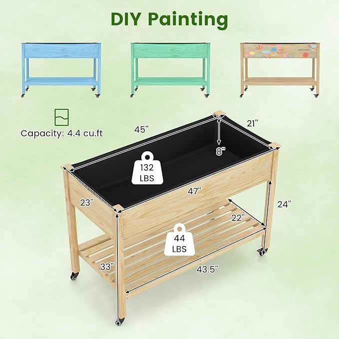 S AFSTAR 2 Pieces Wooden Raised Garden Bed with Wheels Elevated Planter Box with Legs Storage Shelf Liner &amp Drainage Holes Indoor Outdoor Patio Gardening Box for Vegetable Flower &amp Herb