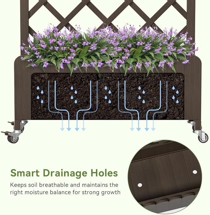 COMHOMA Raised Garden Bed with Trellis and Wheels48Inch Elevated Planter Box with Drainage HolesLattice Privacy Screen for Climbing Plants VegetablesOutdoor for Patio Balcony YardBrown