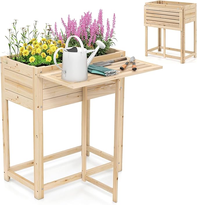 Giantex Wood Raised Garden Bed w/Folding Drop-Leaf Potting Table Planter Box for Flower Herb Vegetable Fruit Indoor Outdoor Elevated Raised Beds for Gardening Backyard Patio Balcony