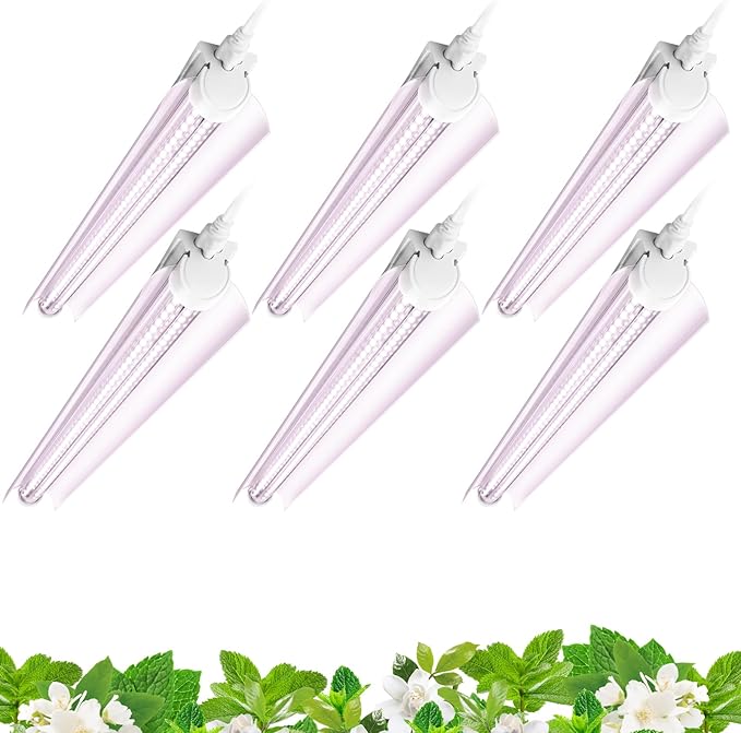 Barrina 2FT T8 Grow Light 144W(6 x 24W) 800W Equivalent Full Spectrum Sunlight Plant Light LED Grow Light Bulbs for Indoor Plant Growing with V-Shaped Reflector Pinkish White 6-Pack