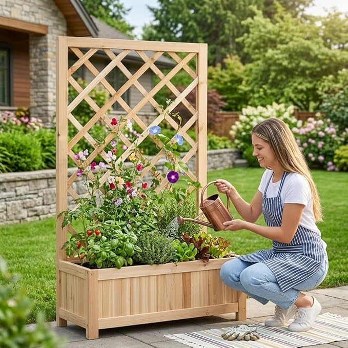 Wooden Raised Garden Bed with Trellis 40 Outdoor Planter Box for Climbing Plants Vertical Natural Wood Garden Planter for Vegetables Flowers &amp Vines Lattice Plant Support for Patio Yard Balco